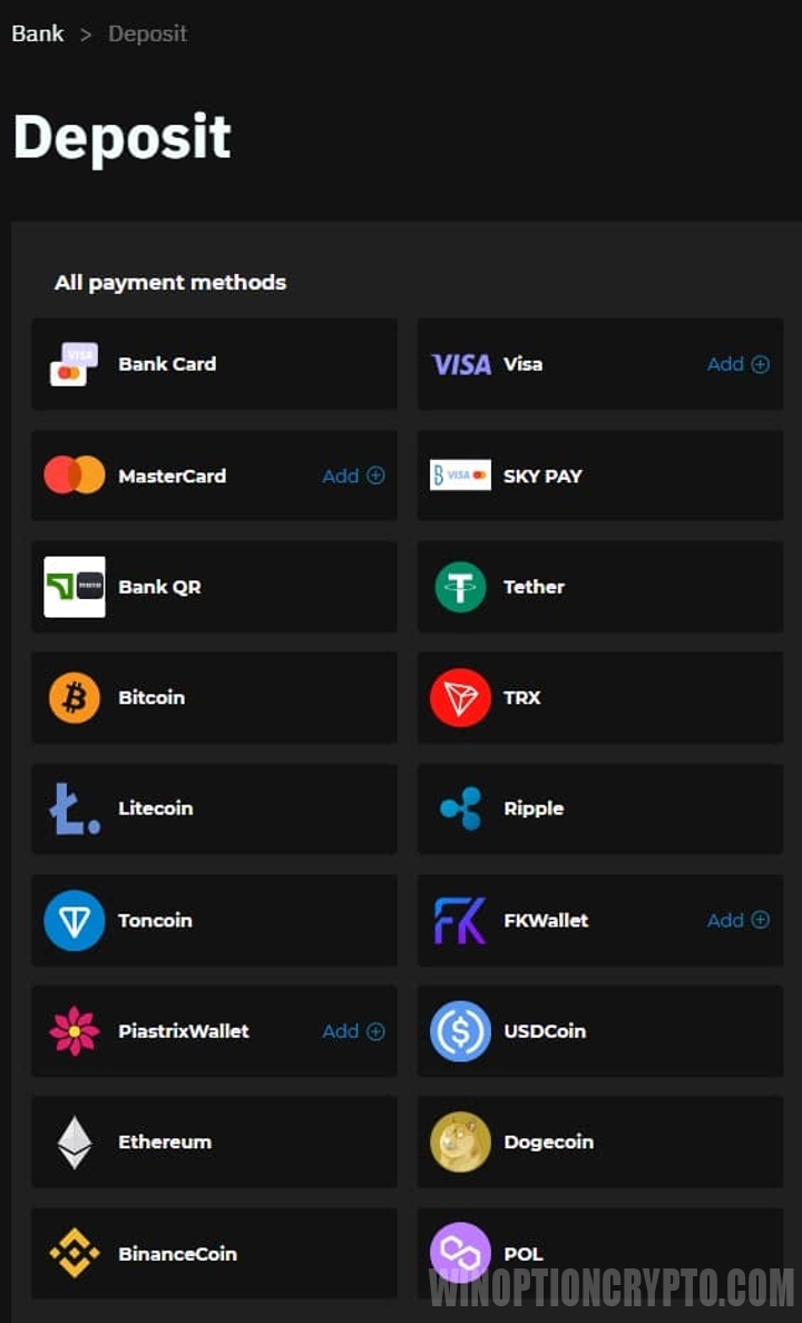 payment systems for replenishing the account binarium