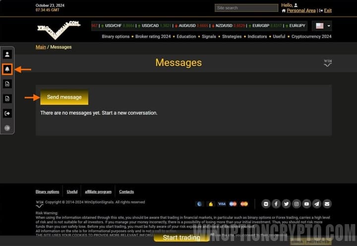 sending messages on winoptioncrypto.com