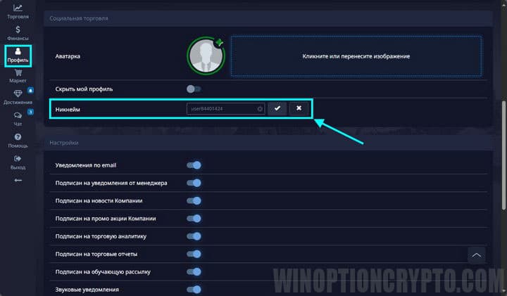 смена никнейма pocket option