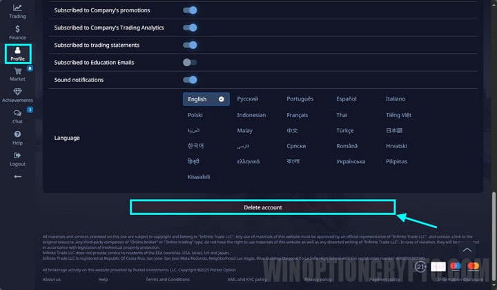 how to delete a profile in pocket options