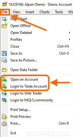 Menu for opening an account in MetaTrader 4 for dummies