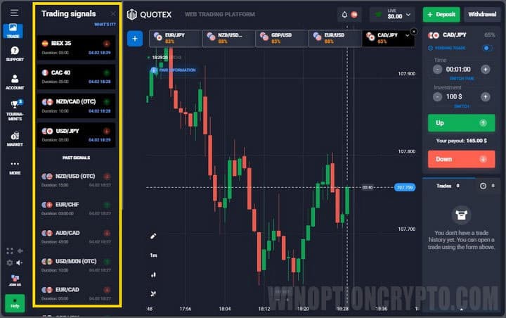 signals for binary options in the Quotex application