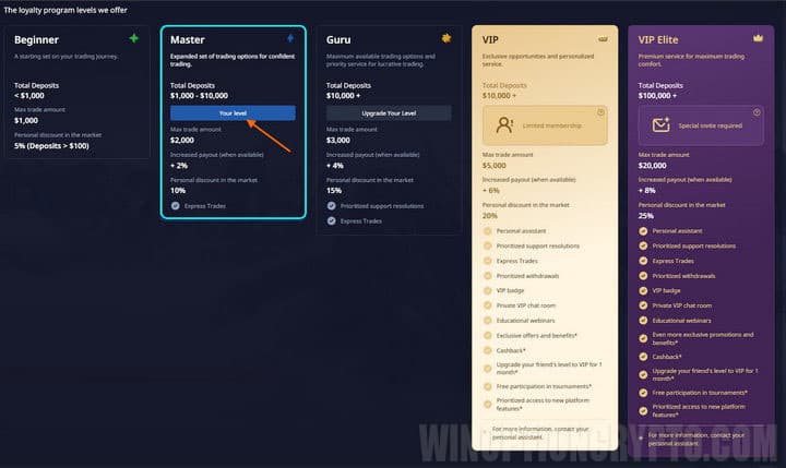 pocket option profile levels