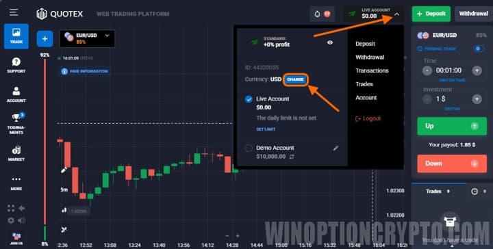 changing account currency in Quotex