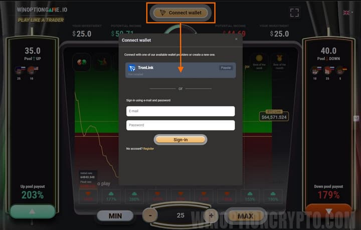 подключение криптовалютного кошелька к WinOptionGame