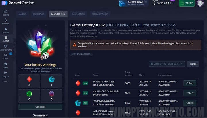 lottery with prizes in the form of crystals in pocket option