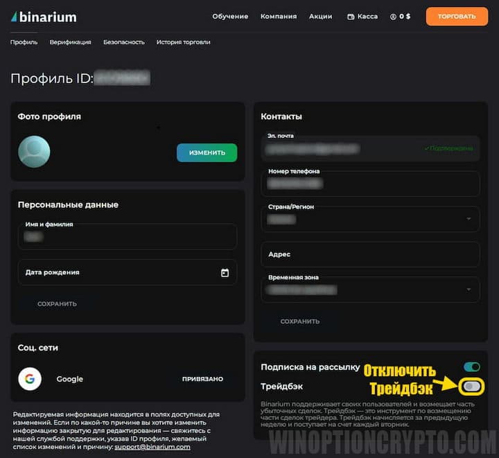 трейдбэк в Binarium