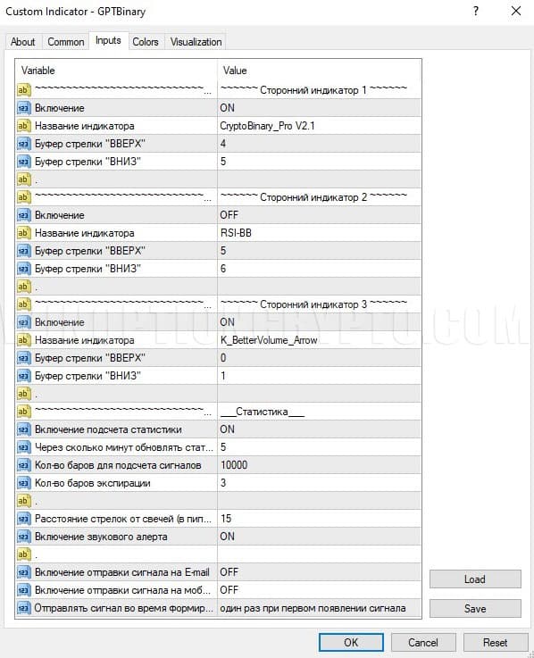 settings in gpt binary