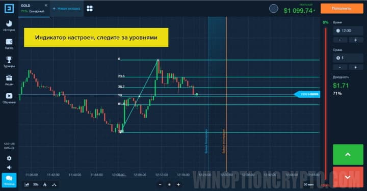 настроенный индикатор линии фибоначи
